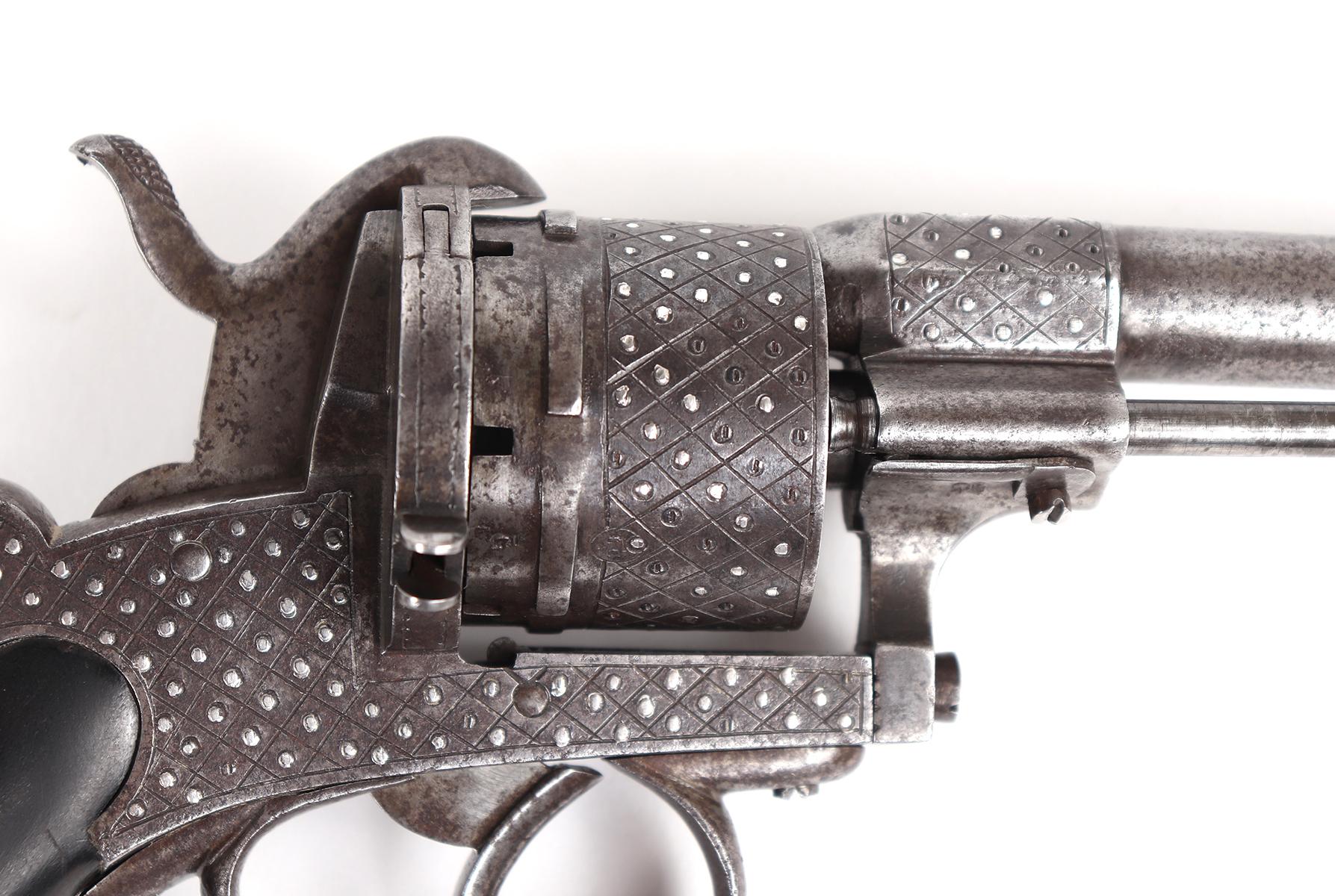 French Silver Inlaid Pinfire 6-Shooter Pistol, LeFauchex 1800s