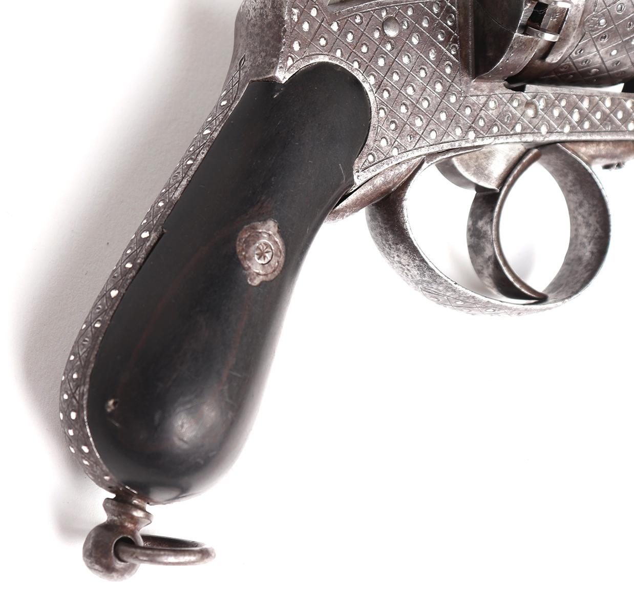 French Silver Inlaid Pinfire 6-Shooter Pistol, LeFauchex 1800s