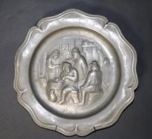 Pewter Plate of Bar Scene w/ Hallmarks