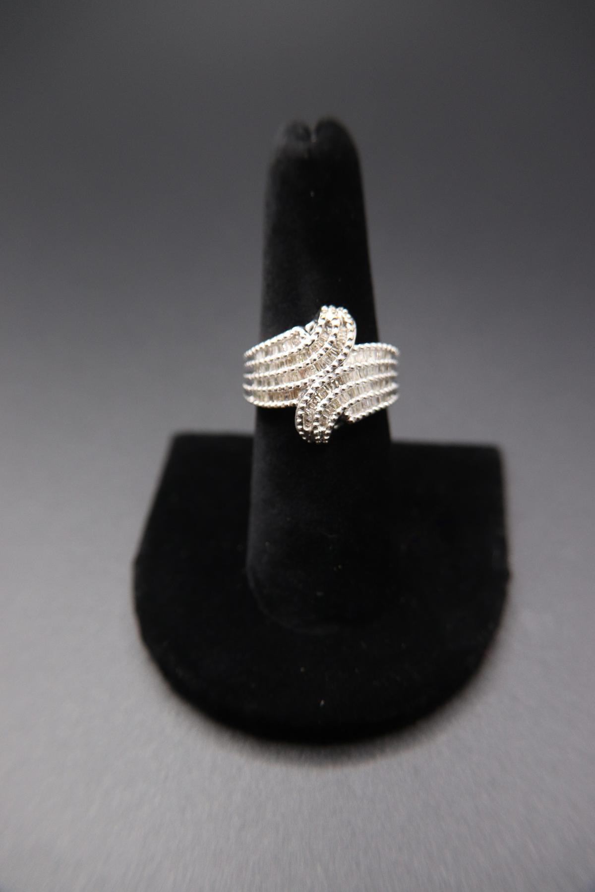 Diamond (CZ) Baguette Bypass Sterling Silver Ring