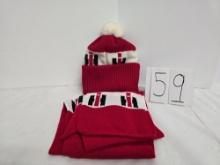 red IH beanie with white pom pom and red scrarf