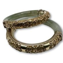 Pair of Vintage Chinese Green Jade and Vermeil Bangle Bracelets