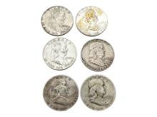 Lot of 6 F1952, 1963 Franklin Half Dollars