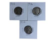 Lot of 3 Buffalo Nickels - 1935, 1936, 1937