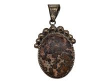 Sterling Silver Oval Pendant with Leopard Jasper - Stamped Mexico