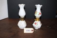 Pair Antique Oil Lamps, White Glass