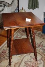 Antique oak end table, 2 tier, spool legs