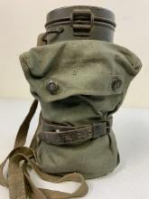 WWII GERMAN GAS MASK AND FILTER WITH CANISTER AND GAS CAPE BAG STRAPPED