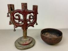 ANTIQUE UKRAINIAN FOLK ART WOODEN ITEMS CARVED LARGE CANDLE HOLDER AND BOWL