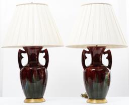 Oxblood Flambe Porcelain Lamps With Acorn Finials