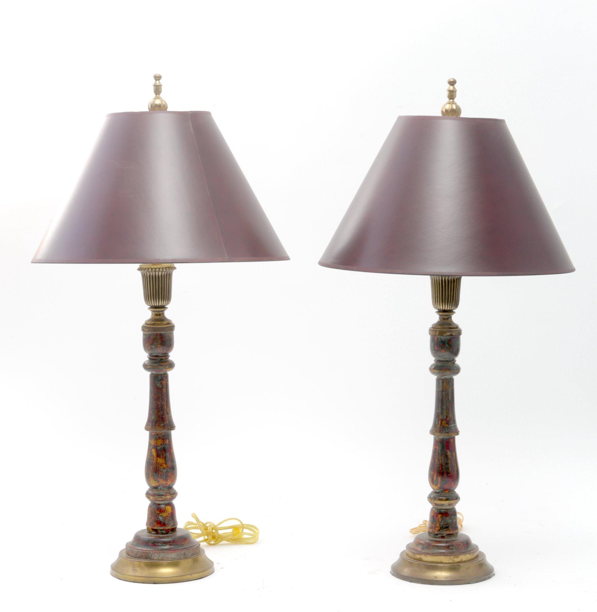 Pair Of Wooden Table Lamps With Brown Shades