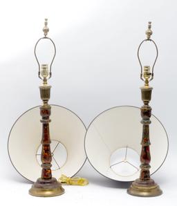 Pair Of Wooden Table Lamps With Brown Shades