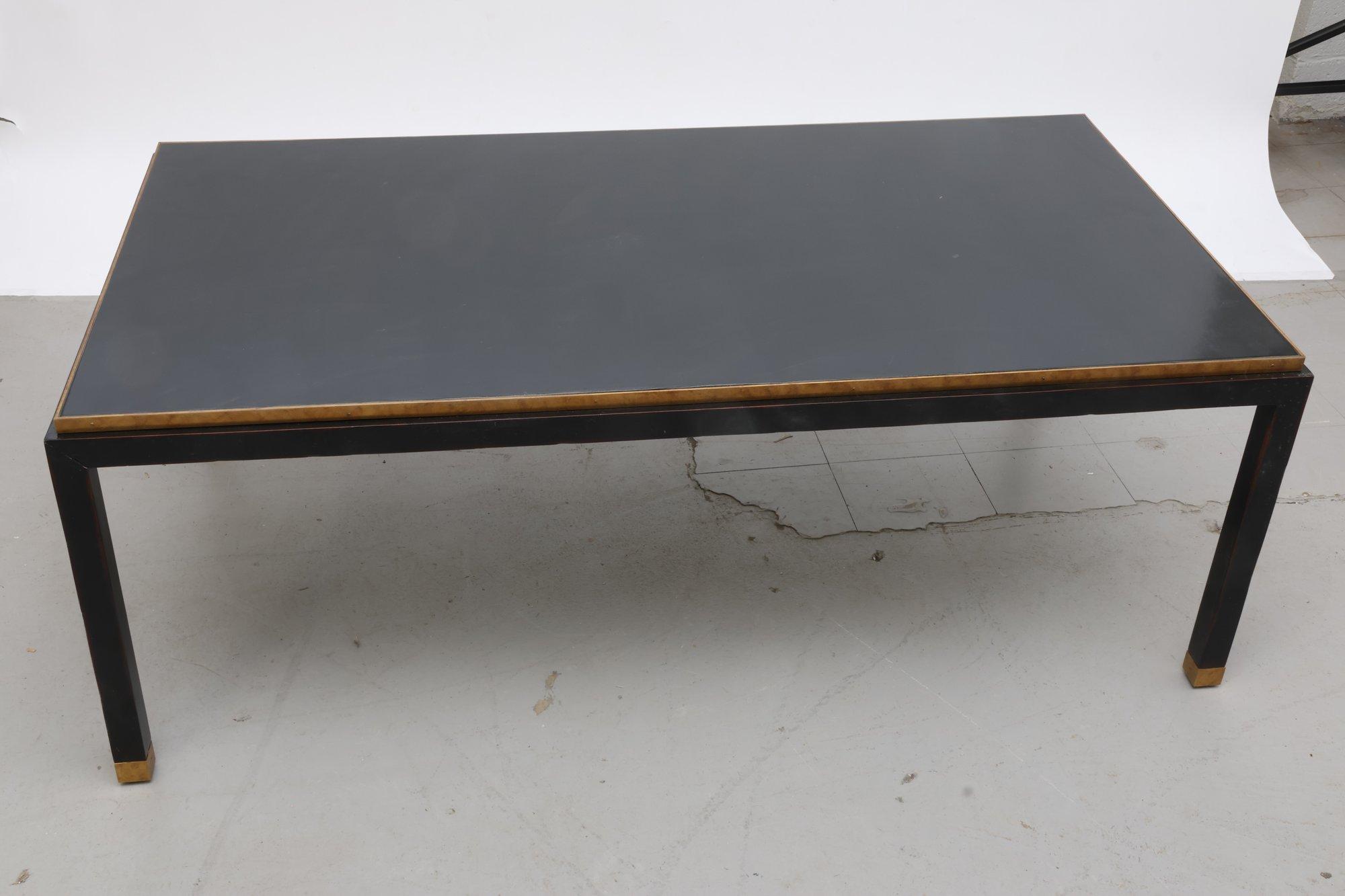 Century Waxed Leather Black Top With Brass Lining Rectangular Coffee Table