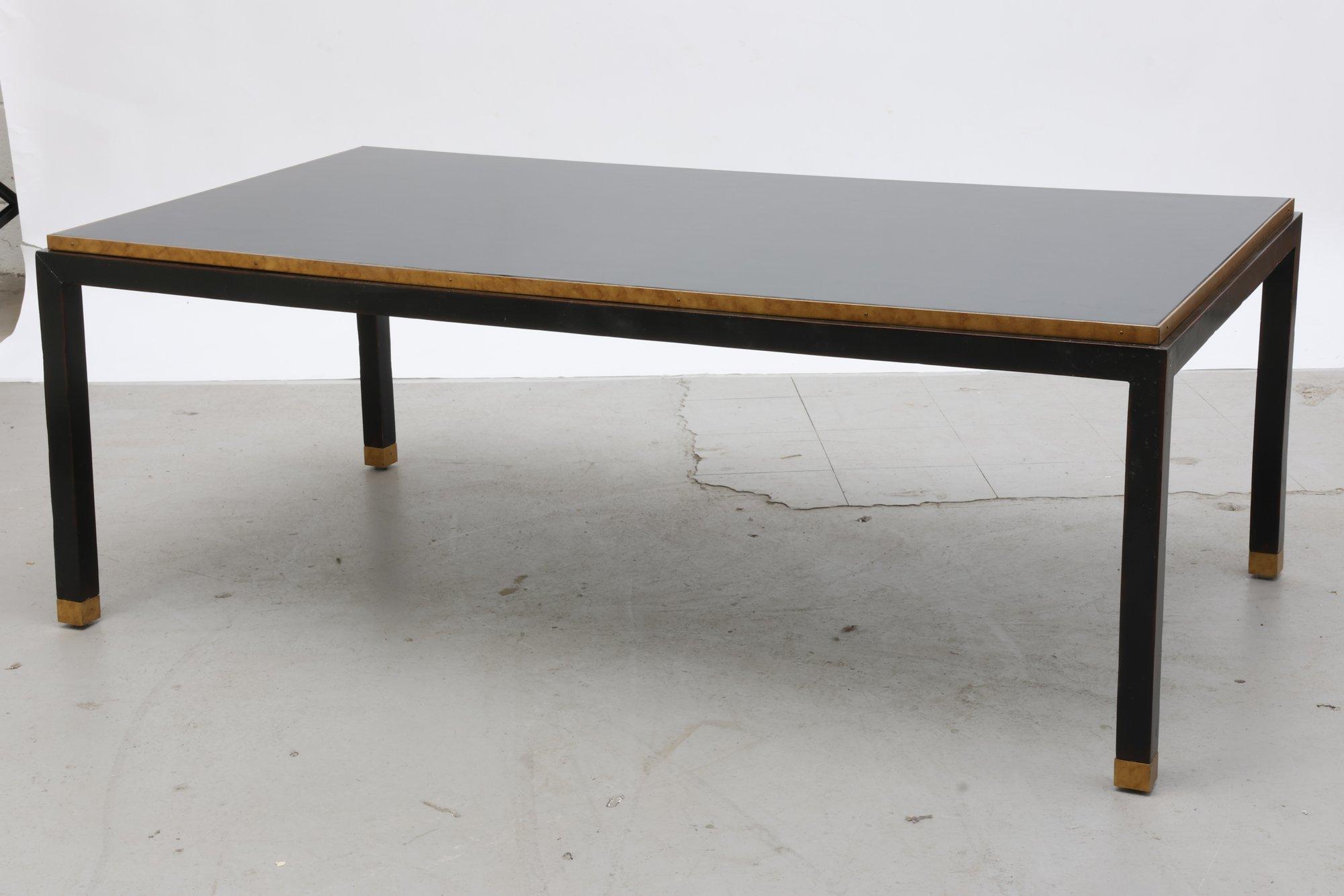 Century Waxed Leather Black Top With Brass Lining Rectangular Coffee Table