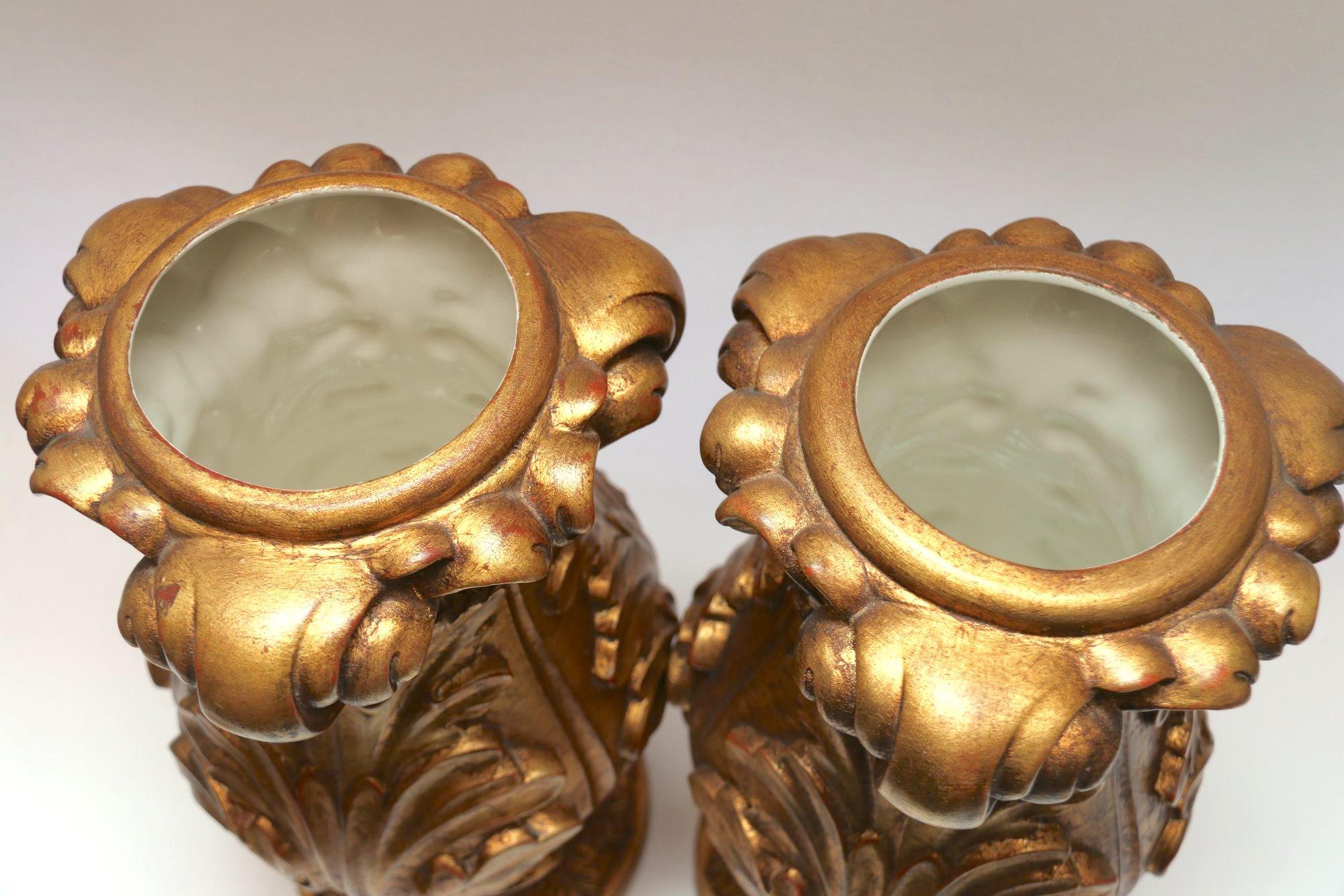 Pair Of Gold Painted Ceramic Urns. Made In Italy.