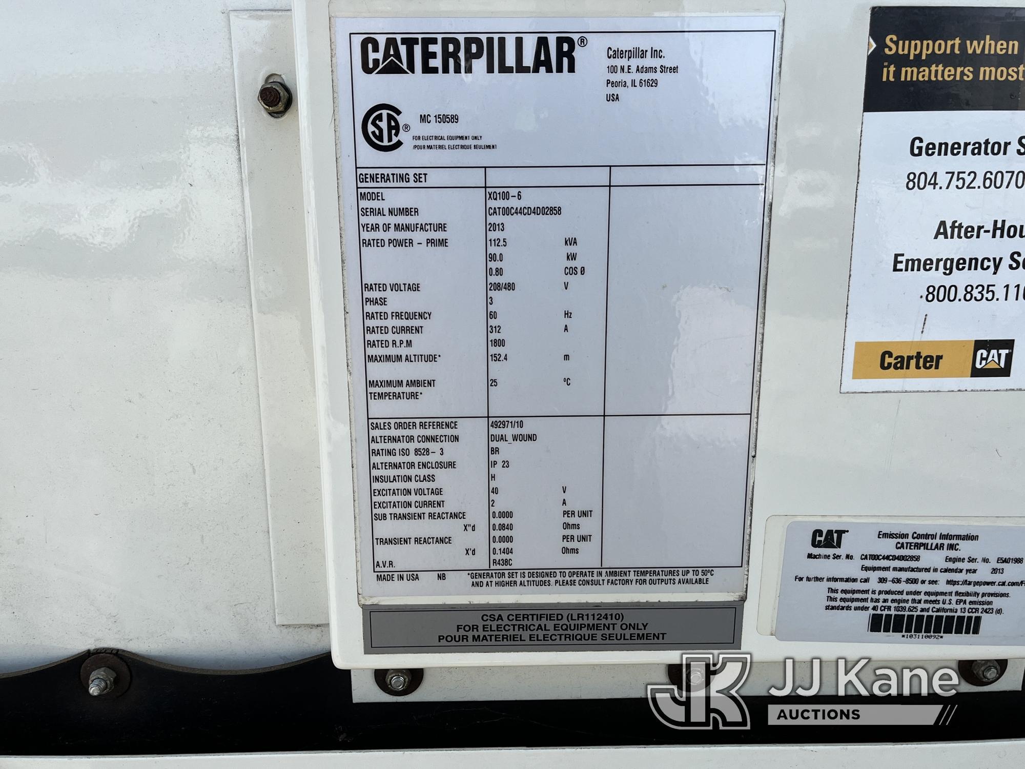 (Charlotte, NC) 2013 Cat XQ100-6, 90KW Generator, T/A trailer mtd Runs & Operates) (No Title