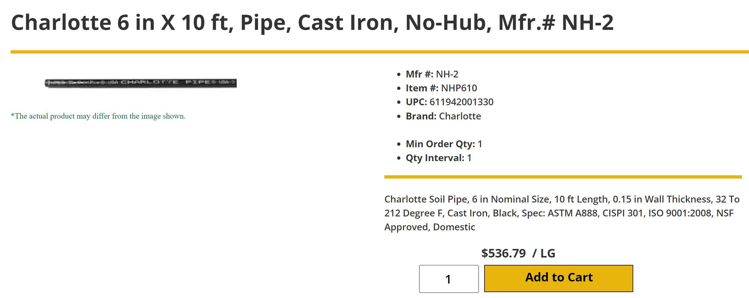 (18) JOINTS CHARLOTTE PIPE 6” NO HUB X 10’ CISPI 301 NSF-U PIPE