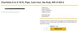 (18) JOINTS CHARLOTTE PIPE 6” NO HUB X 10’ CISPI 301 NSF-U PIPE