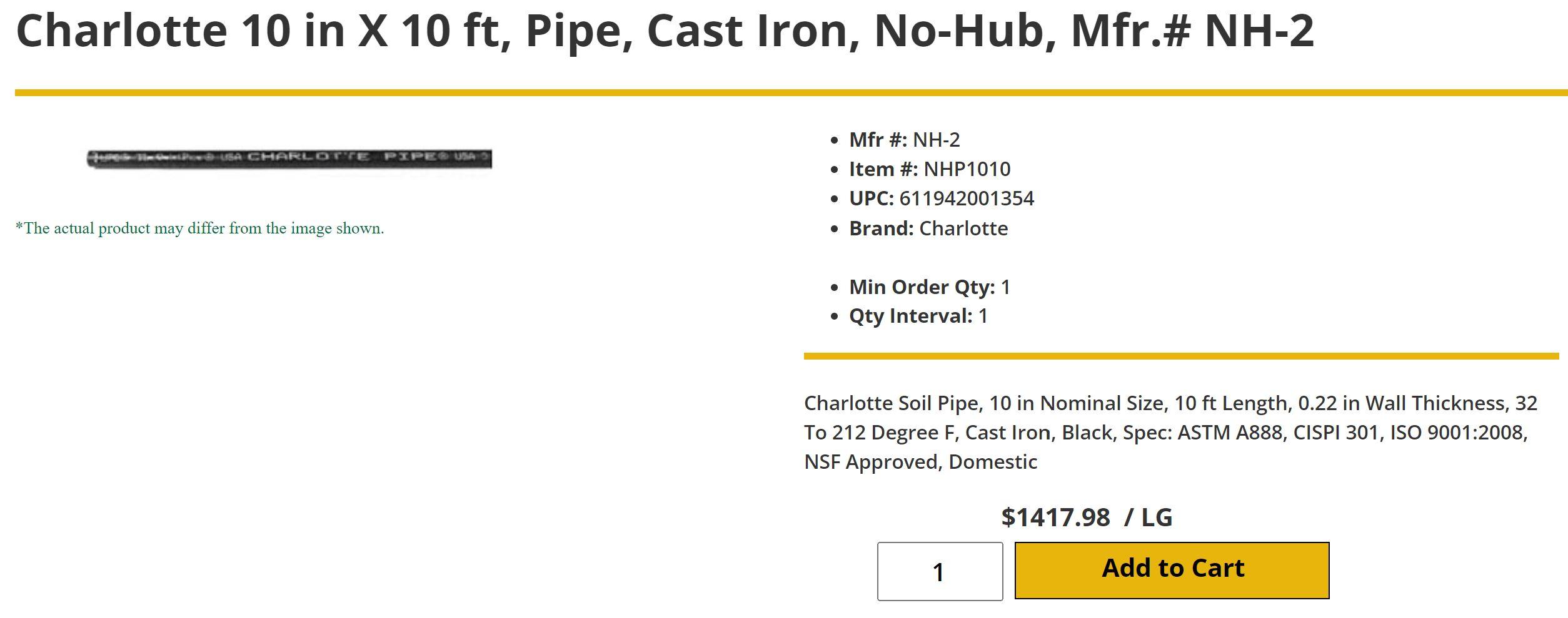 (6) JOINTS CHARLOTTE PIPE 10” NO HUB X 10’ CISPI 301 NSF-U PIPE