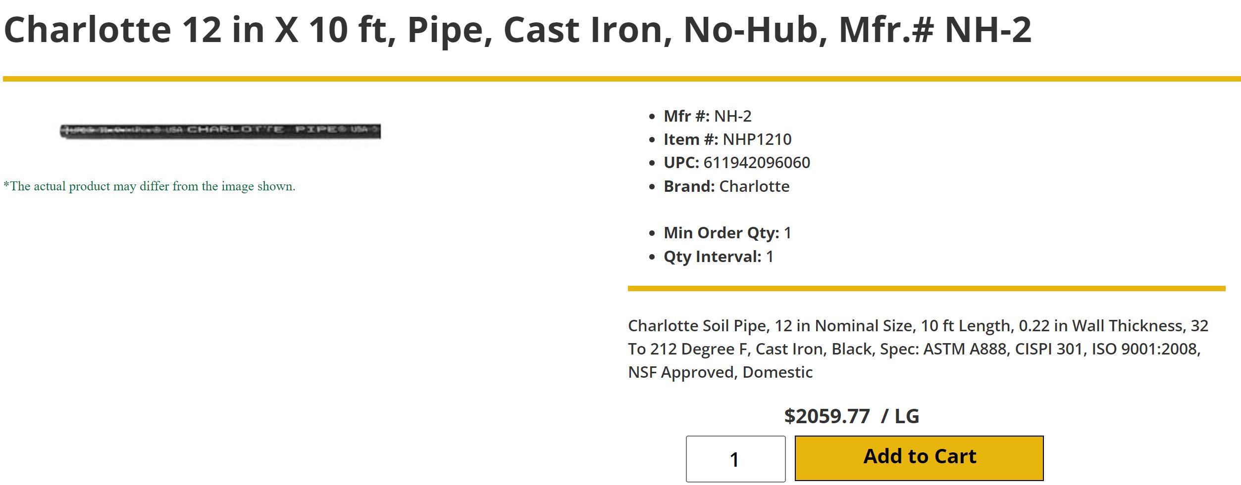 (6) JOINTS CHARLOTTE PIPE 12” NO HUB X 10’ CISPI 301 NSF-U PIPE