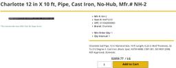 (4) JOINTS CHARLOTTE PIPE 12” NO HUB X 10’ CISPI 301 NSF-U PIPE