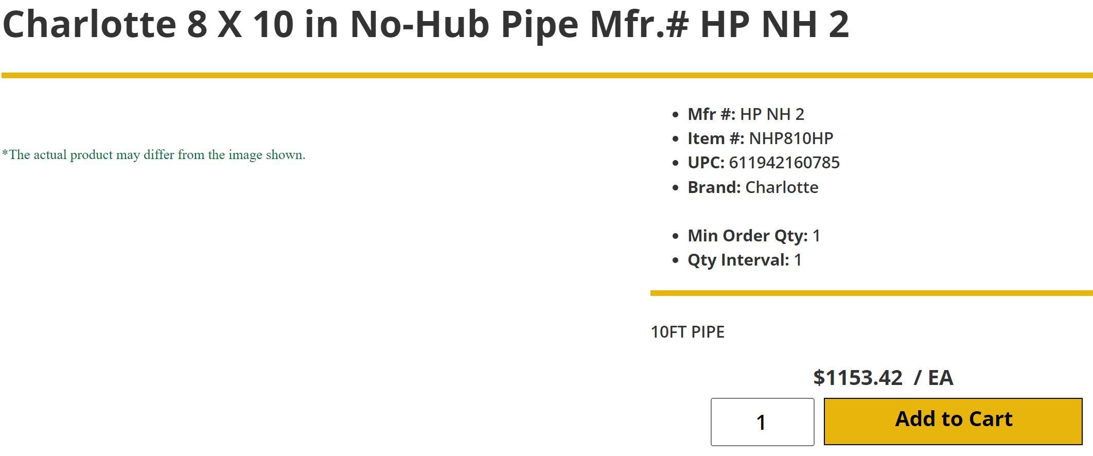 (8) JOINTS CHARLOTTE PIPE 8” NO HUB X 10’ CISPI 301 NSF-U PIPE