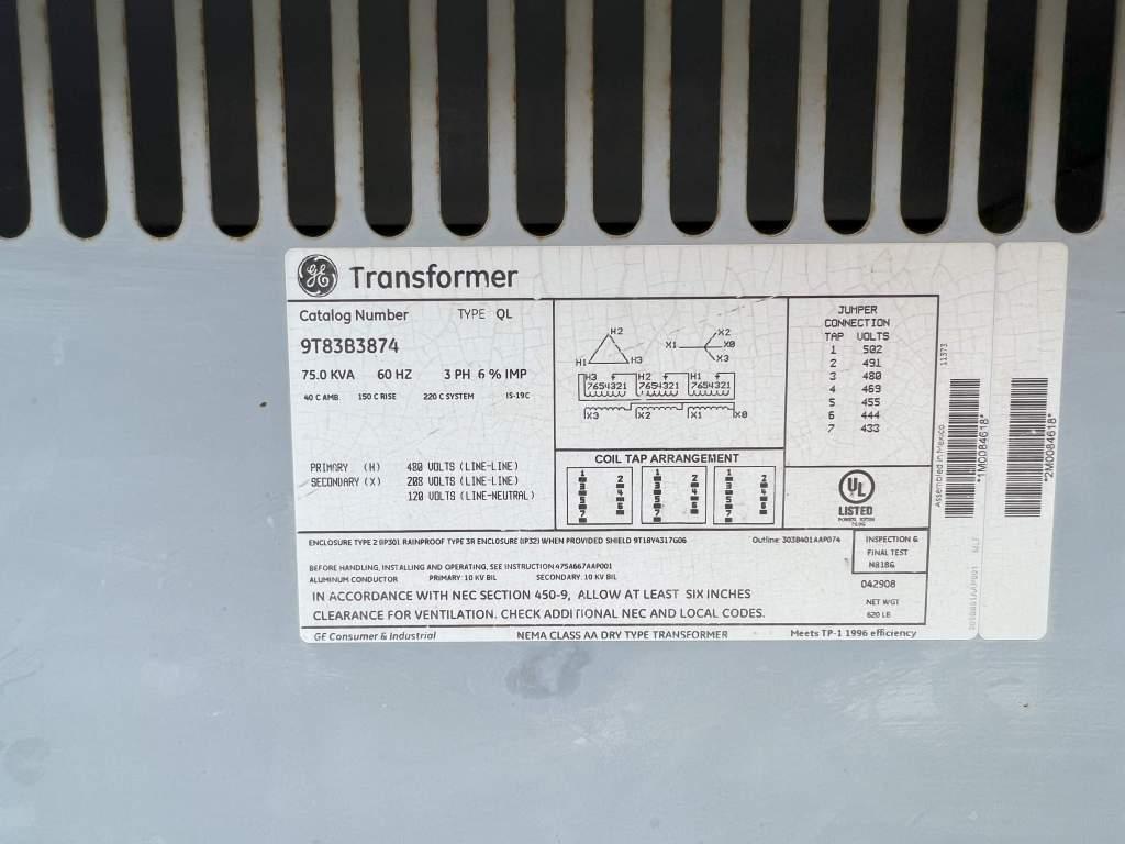 GE THREE PHASE TRANSFORMER; 480 DELTA; 208Y/120