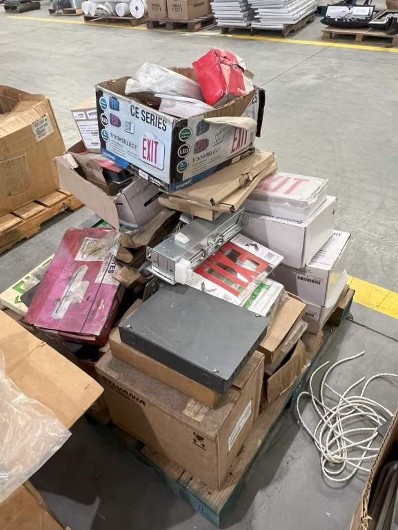 PALLET OF ASSORTED EXIT SIGNS AND MOUNTING HARDWARE