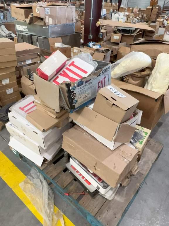 PALLET OF ASSORTED EXIT SIGNS AND MOUNTING HARDWARE