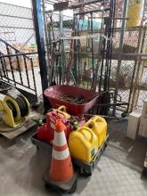 CART OF ASSORTED FUEL CANS; WHEELBARROW; EXTENSION CORDS; MISC. YARD TOOLS; PUMP SPRAYER; VALVE TOOL