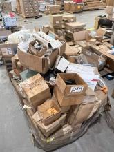 PALLET OF ASSORTED ELECTRICAL PARTS AND HARDWARE; ELECTRICAL BOXES; BOX COVERS; FUSES; METER