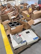 PALLET OF ASSORTED ELECTRICAL PARTS; SAFETY SWITCH; CONTROL PANELS; AND CONDUIT FITTINGS