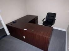 WOOD DESK WITH LEFT HAND RETURN AND ROLLING CHAIR