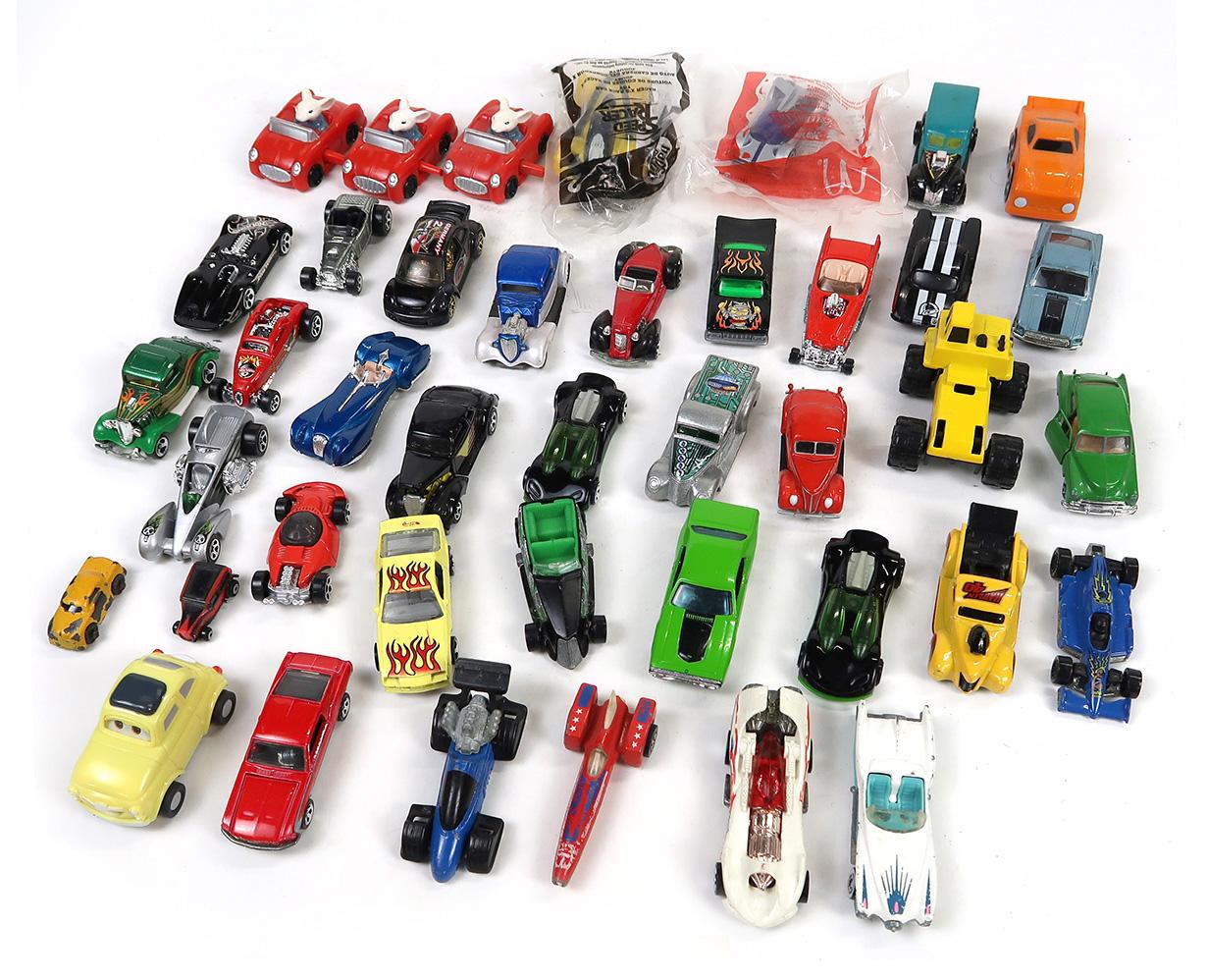 Various Toy Cars (41), mfgd by McDonald's, Mattel, Ertl & more, 4" L.