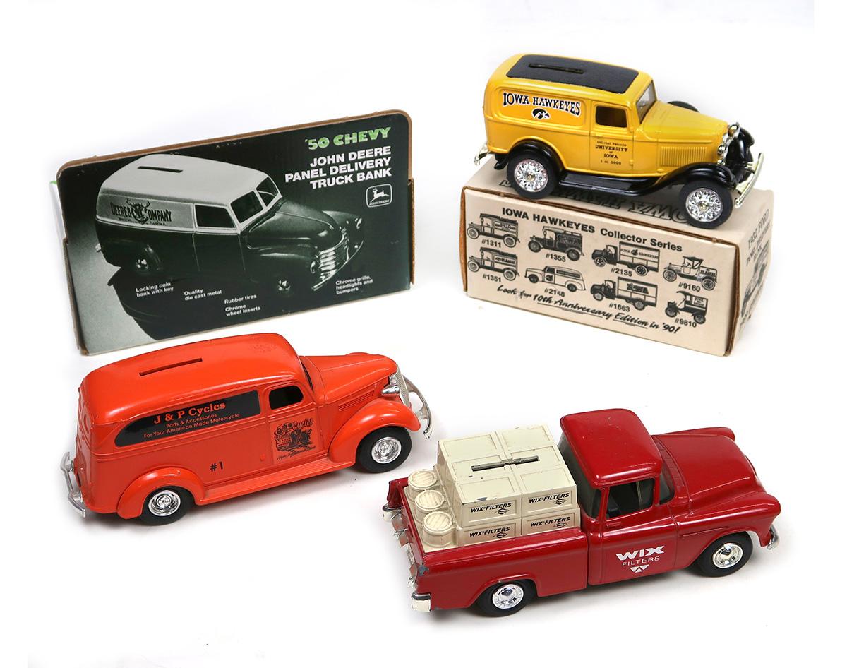 Toy Scale Models (4), Ertl, 1938 Panel Truck J & P Cycles Bank, 1950 Chevy