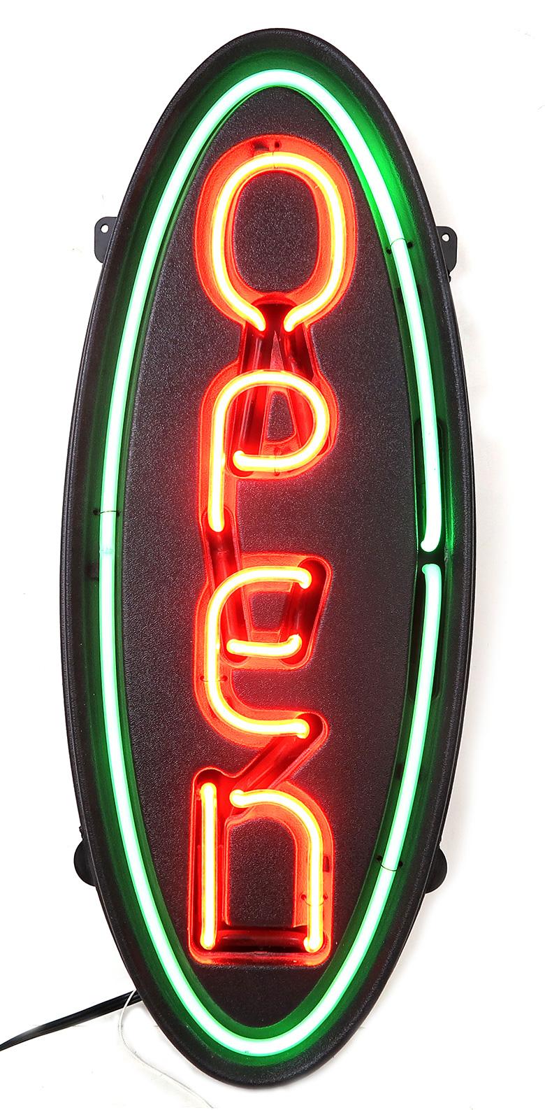 Neon Open Sign, Electric orange/green neon by Fallon, Exc working cond, 28"