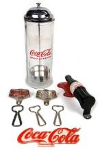 Coca-Cola items (8), incl Straw Holder, Door Handle, Bottle Openers & sign,
