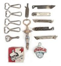 Bottle Openers (13), assorted beer & church keys, a figural nude & New In B