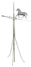 Weathervane, zinc full-bodied running horse on 3-leg stand w/copper rod, c.