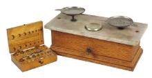 Apothecary Scale, oak-cased balance type w/marble top & associated set of c