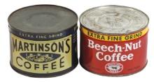 Coffee Tins (2), Martinson's & Beech-Nut Coffee 1# unopened cans full of or