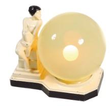 Art Deco Lamp, nude female on pedestal gazing into glass ball, metal w/orig