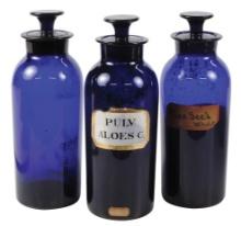 Apothecary Bottles (3), matching wide mouth cobalt blue w/stoppers, 1 w/LUG