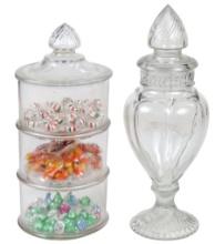 Candy Store Show Jars (2), Pacific urn & 3-section stacking w/swirl finial