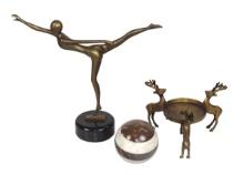 Decorative Art Sculptures (2), bronze Art Deco nude dancer on marble base &