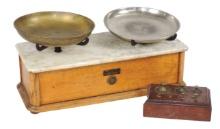 Apothecary Counter Scale, oak marble top balance type mfgd by Henry Troemne