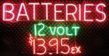 Automotive Neon Sign, "Batteries 12 Volt $13.95", 3-color neon, Exc working