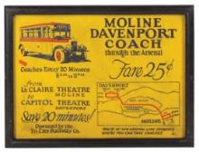 Automotive Sign, Moline Davenport Coach Through the Arsenal Fare Sign, Coac