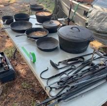 large lot of camping cast iron skillets pot and rod iron hangers