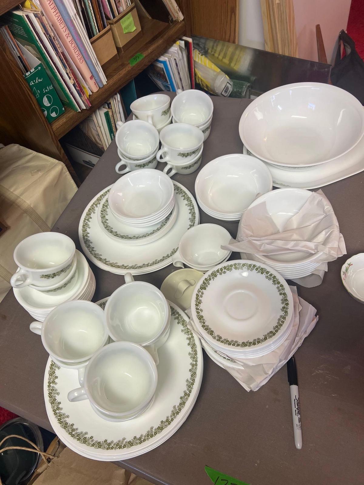 70+ Corelle white with green flower dish set in basement